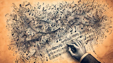 Hand of businessman touching music notes on grunge background. Music conceptの素材
