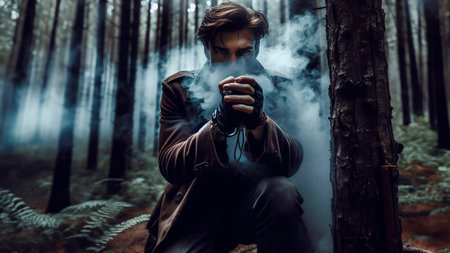 Young man in the forest with a gun and a cup of coffeeの素材