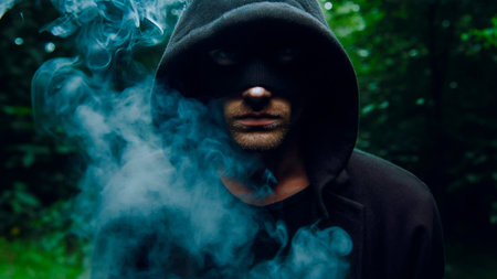 Man in a hood smokes an electronic cigarette in the forest. The concept of smokingの素材