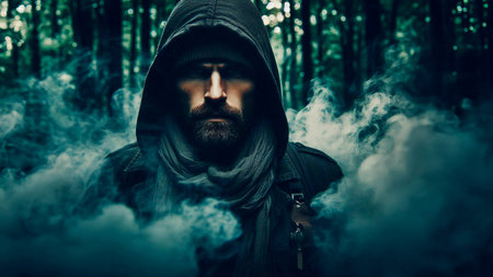 Man with a beard and a hood smoke electronic cigarette in the forestの素材