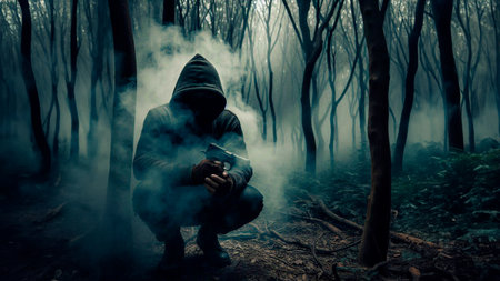 Hooded man sitting on the ground and smoking a cigarette in the forestの素材