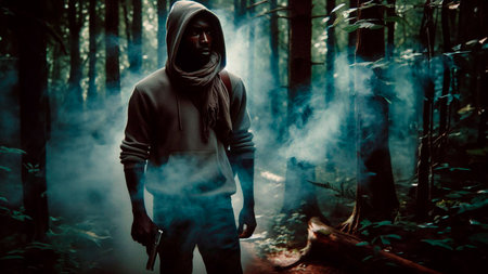 Hooded man in a dark forest with a gun in his handの素材