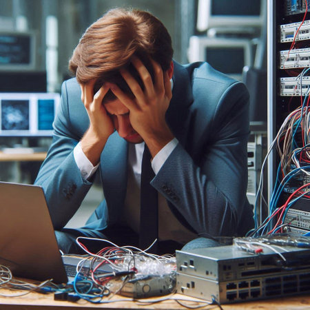 stressed young businessman with laptop in data center. technology and internet conceptの素材