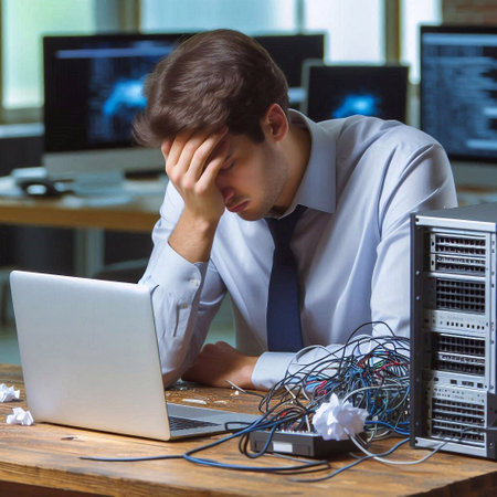 Stressed and exhausted businessman sitting at desk in front of computer in officeの素材