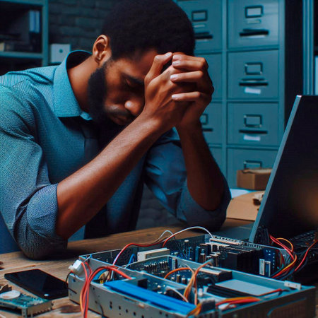 Tired young African American man working late at night in office.の素材