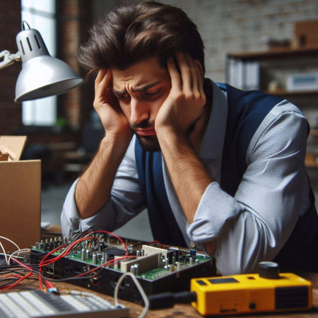 Frustrated young man trying to fix electronic circuit at home.の素材