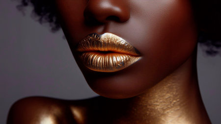 Beautiful woman with gold lips. Close-up portrait of a beautiful young black woman with golden lips.の素材