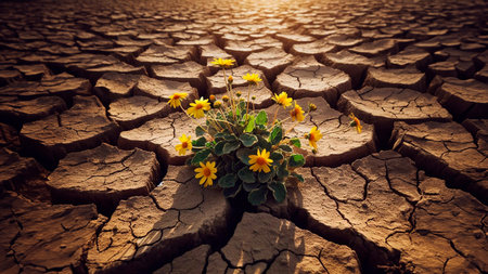 Dry cracked earth with yellow flowers. Global warming, climate change concept.の素材