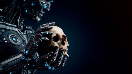 Cyborg with a human skull on a dark background. 3d rendering.の素材