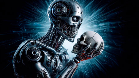 Cyborg holding a human skull in his hand. 3D renderingの素材