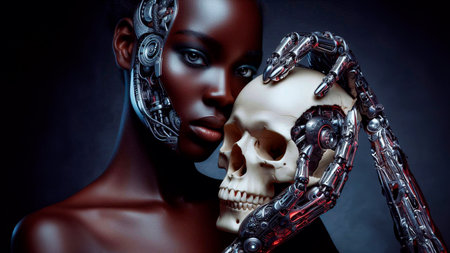 Beautiful African American woman with artificial skull on dark backgroundの素材