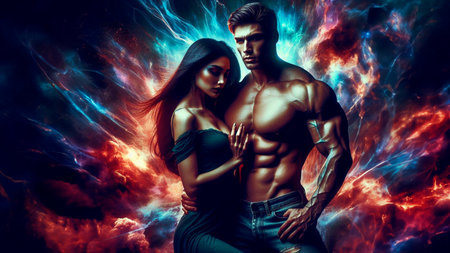 Athletic man and woman with muscular body posing in the smoke.の素材