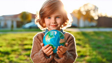 Little boy holding a globe in his hands and looking at the camera on a sunny dayの素材