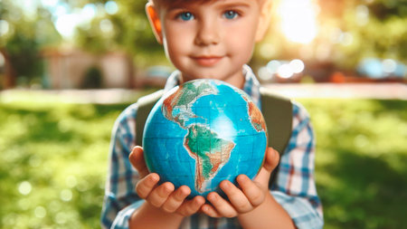 Cute little boy with globe in park on sunny day, closeupの素材