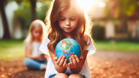 Cute little girl holding a globe in her hands and looking at itの素材