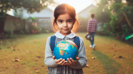 Cute asian little girl holding a globe in the park. Back to school concept.の素材