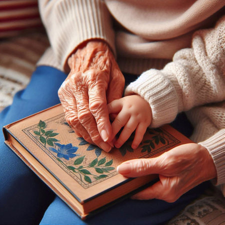 Elderly woman reading book with her granddaughter. Close up.の素材