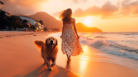 Beautiful woman with golden retriever dog on the beach at sunsetの素材