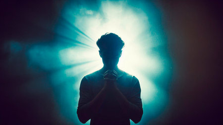 Silhouette of a man praying against a dark background with rays of lightの素材