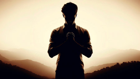 Silhouette of a man praying against mountains silhouette on white backgroundの素材