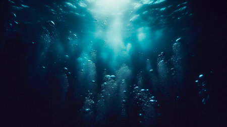 Underwater view of deep blue sea with light rays and bubbles.の素材