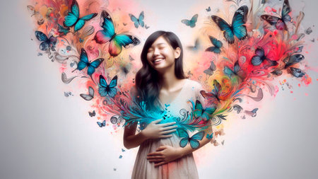 Pregnant woman with butterflies around her belly. Colorful conceptの素材