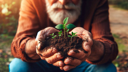 Close-up of senior man holding green seedling in soil.の素材