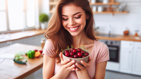 Beautiful young woman is holding a bowl of cherries in the kitchen.の素材