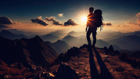 Hiker in the mountains at sunset. Adventure and travel concept.の素材