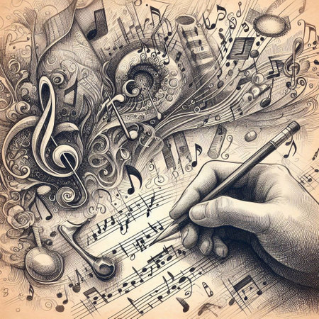 Hand drawing music notes with pencil on old paper background. Music conceptの素材