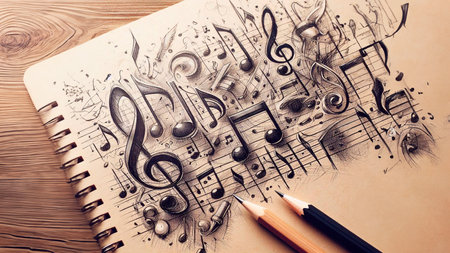 Notebook with music notes and pencil on wooden table close-upの素材