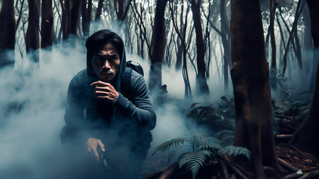 Handsome young man in the forest with a backpack and cigaretteの素材