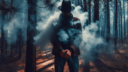 A man in a cowboy hat with a smoking pipe in the forestの素材