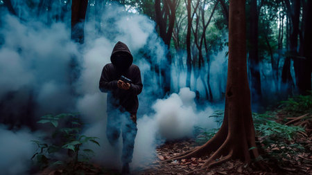 Man with a gun and smoke in the forest. Selective focus.の素材