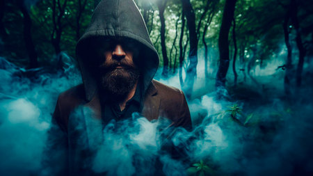 Handsome bearded man in a dark forest with a hood.の素材