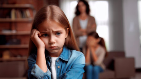 Sad little girl looking at camera while her mother is standing in backgroundの素材