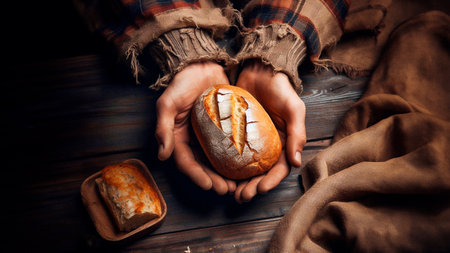 Hands holding bread on a wooden background. Rustic style.の素材