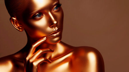 Golden woman face. 3d rendering 3d illustration. Beauty concept.の素材