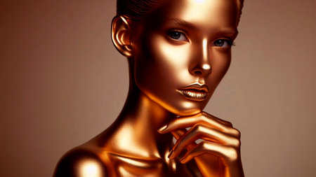 Beautiful woman with gold skin and golden make-up. 3d renderingの素材