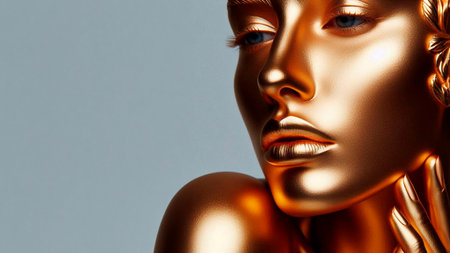 Golden woman face close up. 3d rendering, 3d illustration.の素材