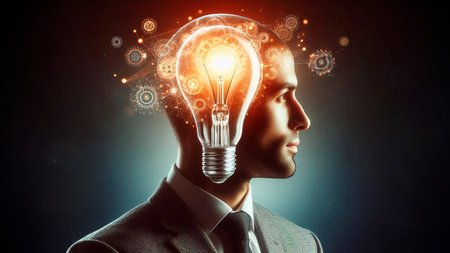 Businessman in suit with glowing light bulb instead of head. Mixed mediaの素材