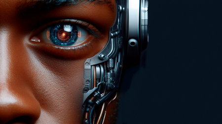 Close-up of a female robot with headphones. 3d renderingの素材