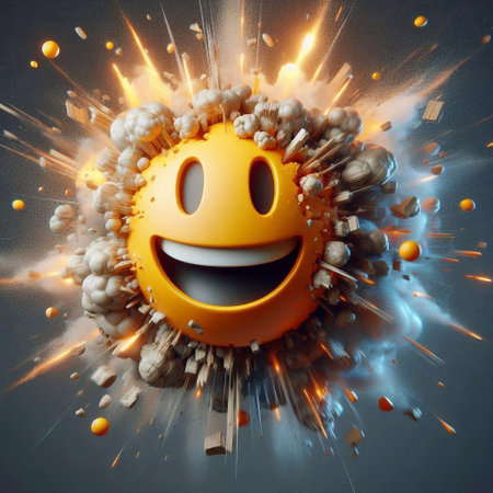 Smiley emoticon with fire and sparks on a gray background.の素材