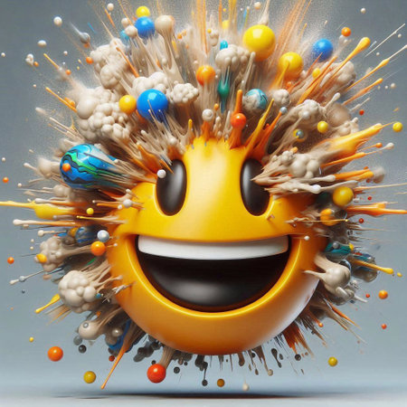Funny yellow emoticon with colorful eyes and mouth, 3d illustrationの素材