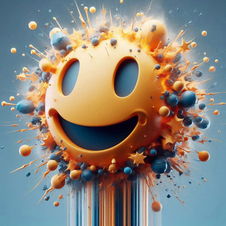 Smiley face with colorful splashes on blue background. 3D renderingの素材