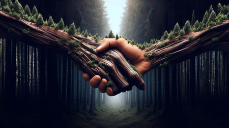 Two hands reaching out to each other against a misty forest landscapeの素材