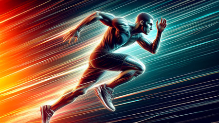 3D rendering of a male athlete running isolated on a futuristic backgroundの素材