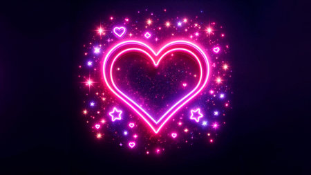 Glowing neon heart on a dark background with stars. Vector illustrationの素材