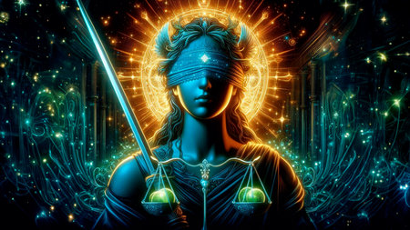 Digital Illustration of a Goddess of Justice with Glowing Light Effectsの素材