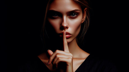 Portrait of a beautiful young woman with fingers on lips on a black backgroundの素材